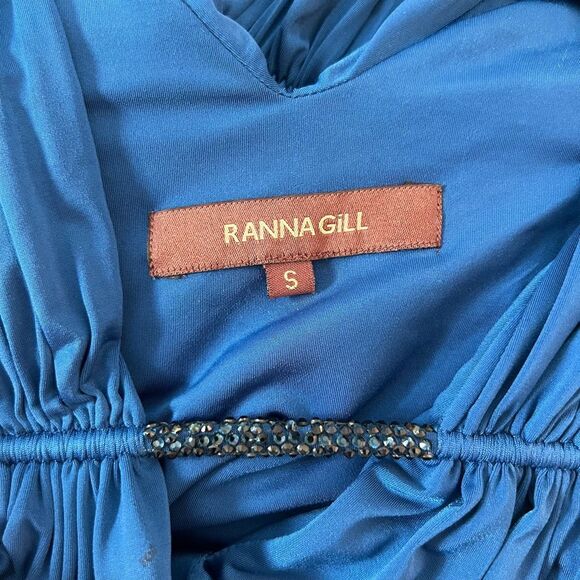 Ranna Gill blue sleeveless draped jersey gown with crystal embellishment size sm - Picture 10 of 13